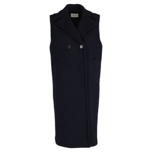 Sandro Paris mouwloze double-breasted jas van marineblauwe wol.