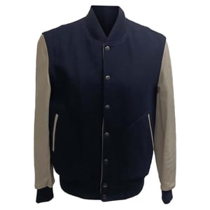 Bomberjack van Mr. P. Melton in marineblauwe wol en leer.