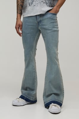 Stonewash Worn Look Stretch Flared Jeans