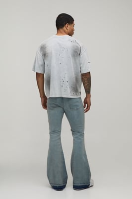 Stonewash Worn Look Stretch Flared Jeans