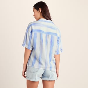 Julie Womens Short Sleeve Seersucker Blouse - Blue Hues Print