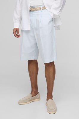 Relaxed Fit Linen Blend Pleat Front Fixed Waistband Tailored Shorts