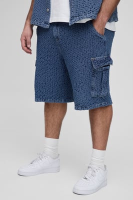 Plus Textured Denim Relaxed Fit Cargo Shorts