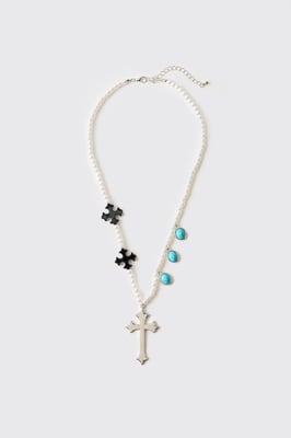 Gem and Cross Mock Pearl Necklace