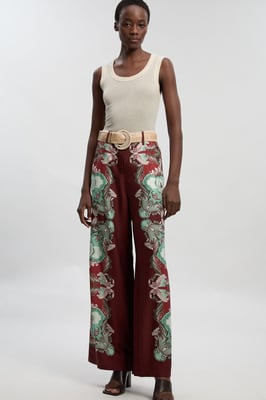 Mirrored Viscose Linen Print Woven Wide Leg Trouser