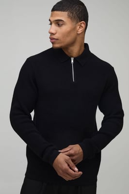 Regular Fit Soft Touch Waffle 1/4 Zip Knitted Polo
