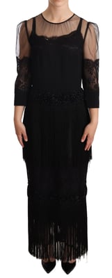 Dolce Gabbana Midi Dress 34 Sleeves Lace Fringe