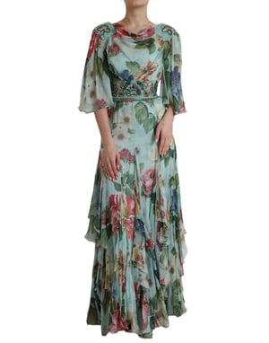 Floralprint Zijde Chiffon Lange Jurk