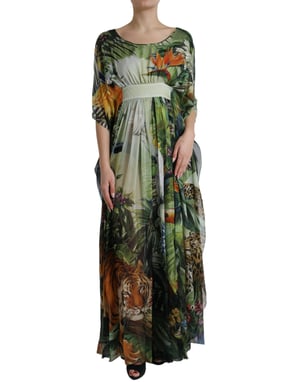 Geprinte Zijde Kaftanjurk Jungleprint Maxi Jurk