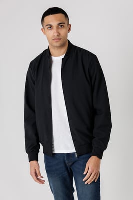 Black Seersucker Bomber Jacket With Zip-Up And Side Pockets