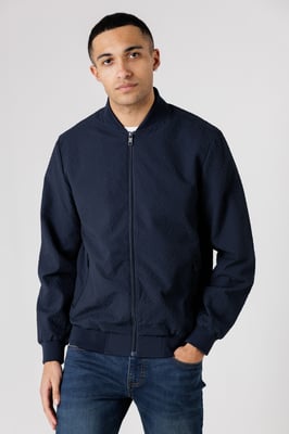 Navy Seersucker Bomber Jacket With Zip-Up And Side Pockets