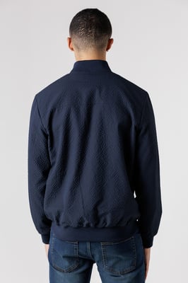 Navy Seersucker Bomber Jacket With Zip-Up And Side Pockets