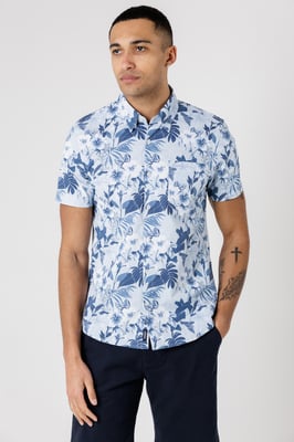 Light Blue Cotton Poplin Button-Up Tropical Print Shirt