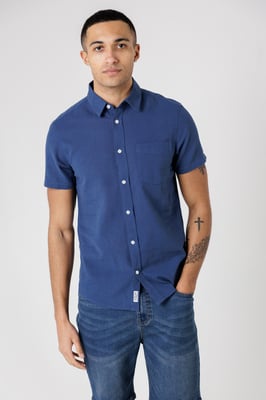 Dark Blue Linen Blend Short Sleeve Button-Up Shirt With Chest Pocket