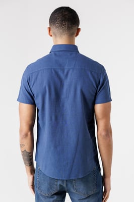 Dark Blue Linen Blend Short Sleeve Button-Up Shirt With Chest Pocket