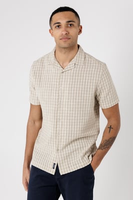 Stone Cotton Button-Up Shirt With Check Print