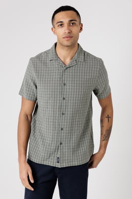 Khaki Cotton Button-Up Shirt With Check Print