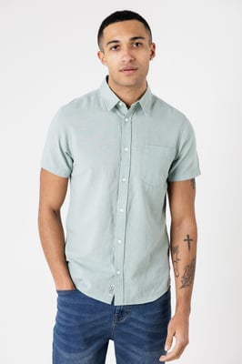 Light Green Linen Blend Short Sleeve Button-Up Shirt With Chest Pocket