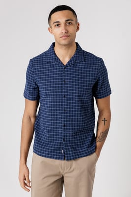Navy Cotton Button-Up Shirt With Check Print