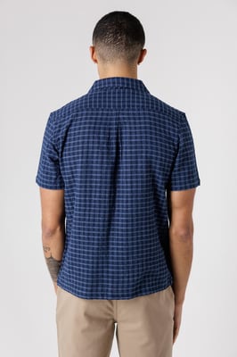 Navy Cotton Button-Up Shirt With Check Print