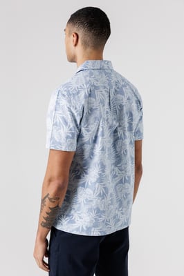 Light Blue Cotton Short Sleeve Button-Up Tropical Print Shirt