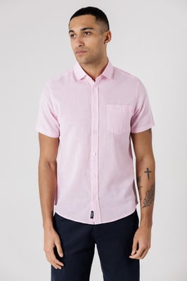 Pink Dog Tooth Print Short Sleeve Shirt With Collar And Chest Pocket