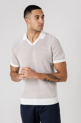 Ecru Cotton Short Sleeve V-Neck Polo Shirt