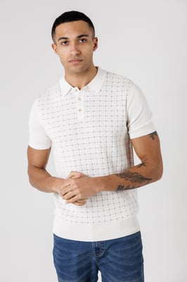 Beige Knitted Short Sleeve Button-Up Polo Shirt