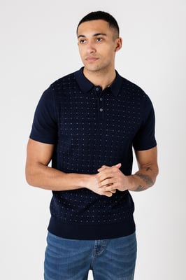 Dark Navy Knitted Short Sleeve Button-Up Polo Shirt