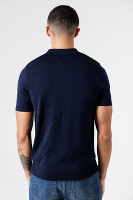 Dark Navy Knitted Short Sleeve Button-Up Polo Shirt