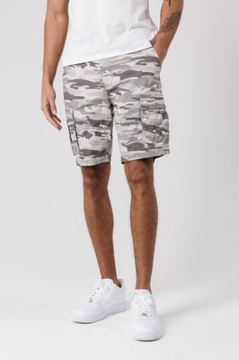 Grey Washed Cotton Twill Cargo Shorts With Camo Print