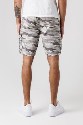 Grey Washed Cotton Twill Cargo Shorts With Camo Print