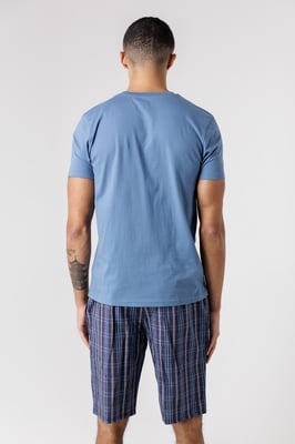 Mid Blue Crew Neck T-Shirt And Checked Shorts Pyjama Set