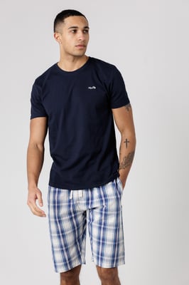 Navy Crew Neck T-Shirt And Checked Shorts Pyjama Set