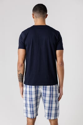 Navy Crew Neck T-Shirt And Checked Shorts Pyjama Set