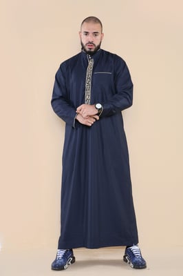 Mens Navy Thobe Jubba Emirati Islamitische Arabische Eid Borduur Kaftan Jubbah Robe