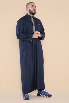Mens Navy Thobe Jubba Emirati Islamitische Arabische Eid Borduur Kaftan Jubbah Robe