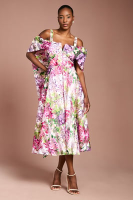 Lisa Tan Printed Organza Bardot Midi Dress