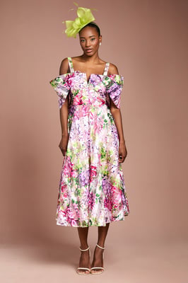 Lisa Tan Printed Organza Bardot Midi Dress