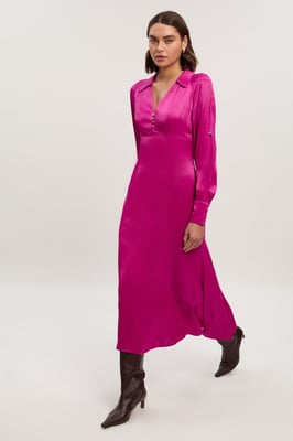 Viscose Satin V Neck Long Sleeve Woven Midi Dress