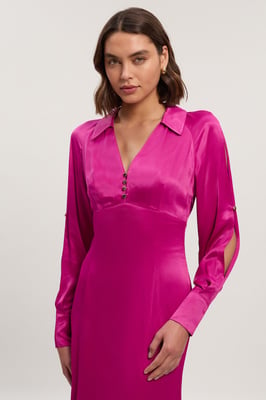 Viscose Satin V Neck Long Sleeve Woven Midi Dress