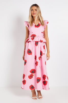 DP Luxe Peplum Frill Detail V Neck Printed Maxi Dress
