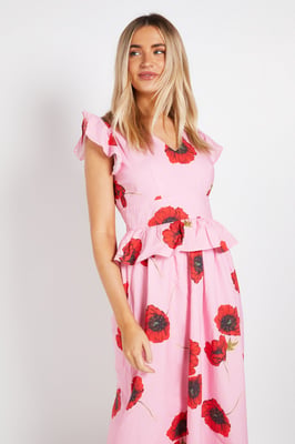 DP Luxe Peplum Frill Detail V Neck Printed Maxi Dress