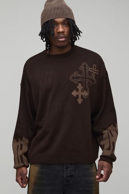 Tall Oversized Boxy Cross Graphic Knitted Jumper