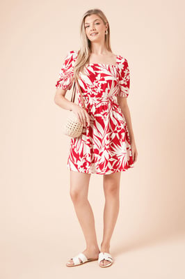 Palm Puff Sleeve Ruched Bust Jersey Mini Dress