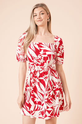 Palm Puff Sleeve Ruched Bust Jersey Mini Dress