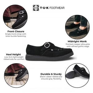 TUK Spetsiga Creeper Svarta Mocka Platåskor med Monk Buckle - A8139