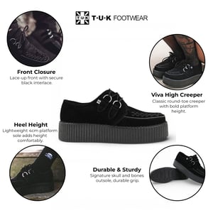 TUK Viva Höga Creeper Svarta Mocka Platåskor Med Snörning Gothic - AV6802