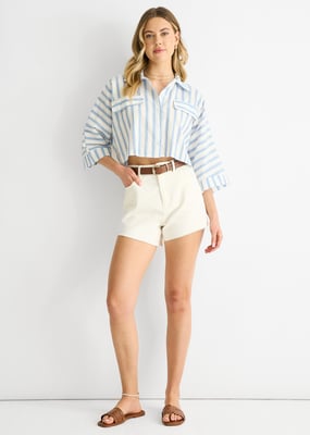 Blue Stripe Cotton Oversized Crop Shirt