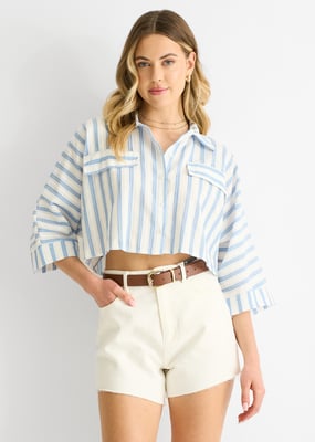 Blue Stripe Cotton Oversized Crop Shirt
